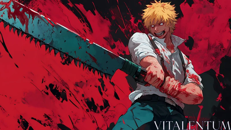 Intense chainsaw warrior revels in bold crimson chaos.