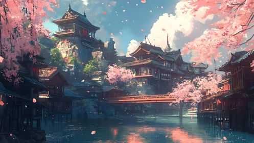 Sunlit sakura-lined river frames elevated Japanese temple city