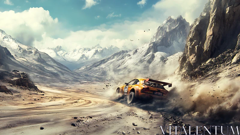 Rally car powers through vast snowy canyon track at speed.