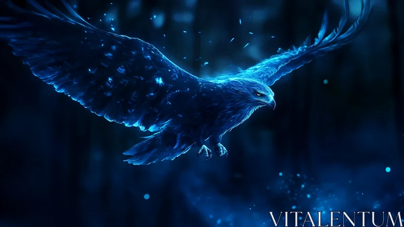 Majestic Blue Eagle in Flight, Glowing Fantasy Digital Art.