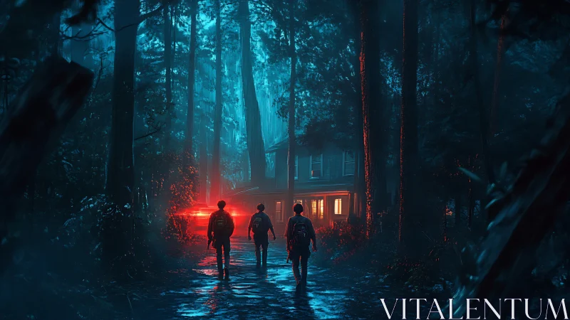 Three kids walk toward glowing house in dark forest.