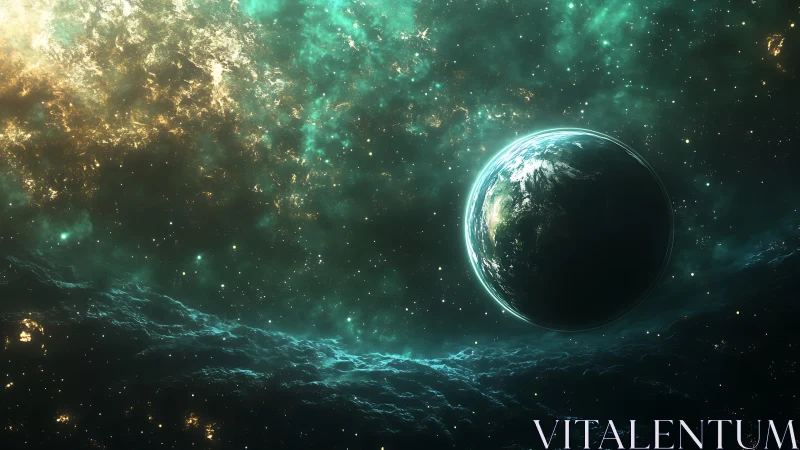 Lone blue planet illuminated against dense teal stellar clouds