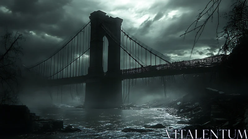 Storm-lashed suspension bridge looms above a misty dark river