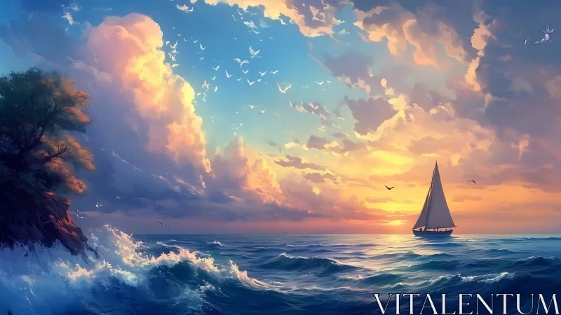 Storm-tinted clouds chase a lone sailboat into painted dusk