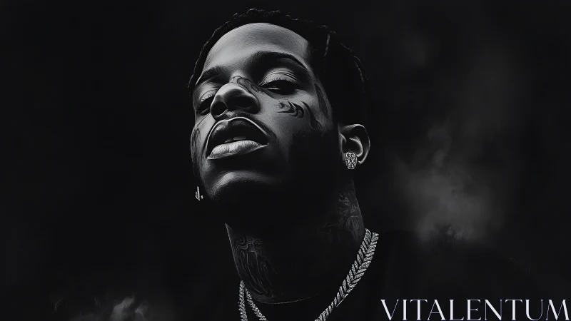 Monochrome rapper portrait with dramatic low key contrast.