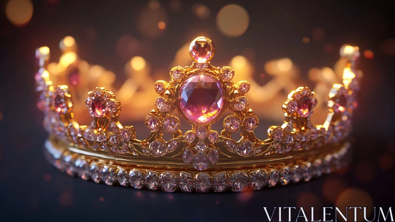 Golden crown with pink gemstones under soft studio light.