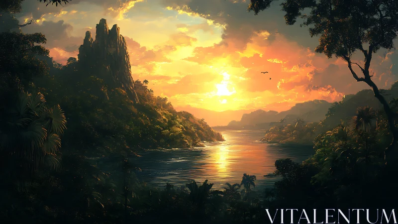 Tropical bay sunset over lush mountains and calm water.