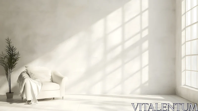 Sunlit minimalist lounge with white armchair and draped throw.