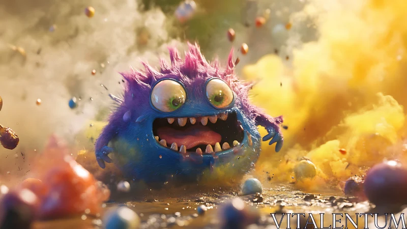 Giddy fuzzball monster sprints through exploding candy clouds