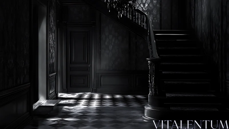 Dim interior staircase and hallway in monochrome lighting.