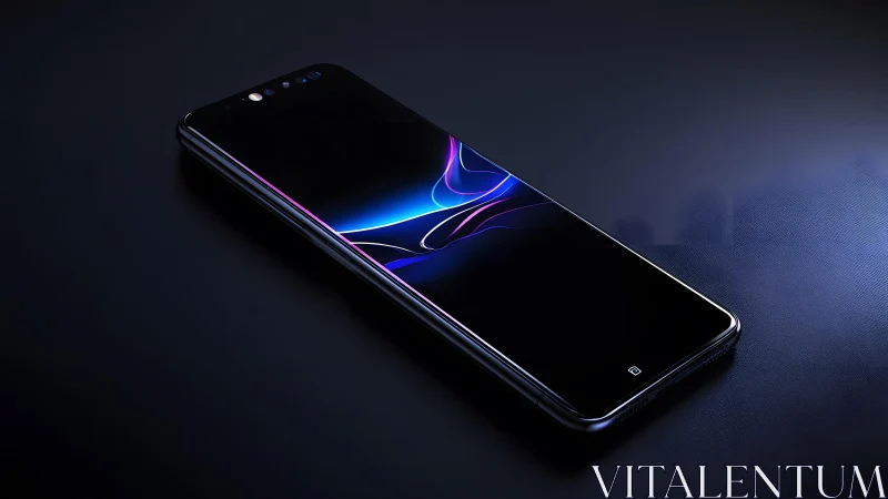 Sleek modern smartphone with glowing abstract wallpaper, digital art.