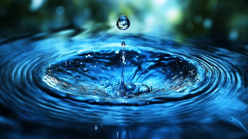 Macro water droplet impact with radial ripples and splash crown