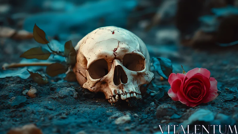 Human skull and red rose on soil under cool blue lighting.