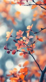 Orange blossom branch rises against cool bokeh background