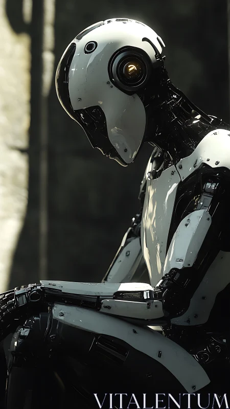 Solitary humanoid robot in reflective seated profile pose.
