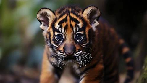 Close-up study of tiger cub facial markings and whisker detail