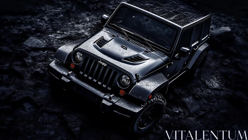 Rain-soaked off-road SUV rendered with high-contrast lighting and detail
