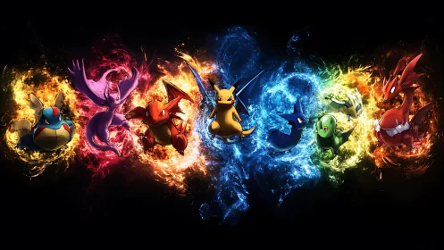 Elemental creature ring ignites a neon cosmic showdown.