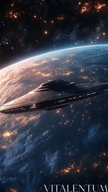 Silent starcruiser skims Earth’s glowing midnight rim.