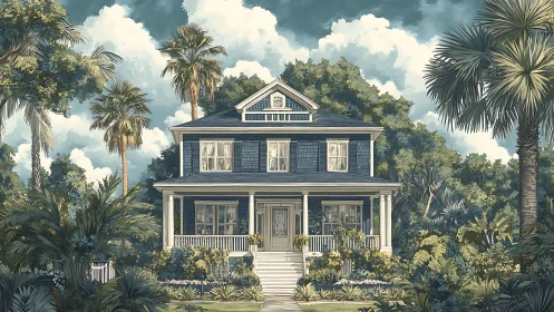 Digital painting of coastal colonial house in lush tropical garden.