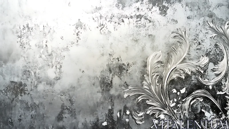 Flourished silver leaves curl across textured concrete wall.