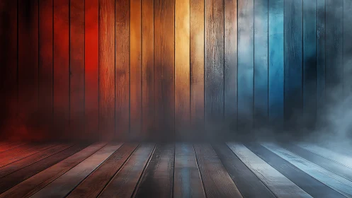 Wooden stage with red to blue gradient fog lighting.