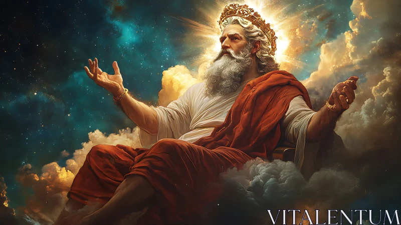 Bearded robed figure seated amid clouds with radial backlight