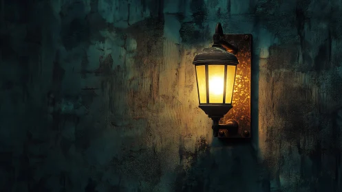 Rustic wall lantern casts warm radial glow on textured plaster