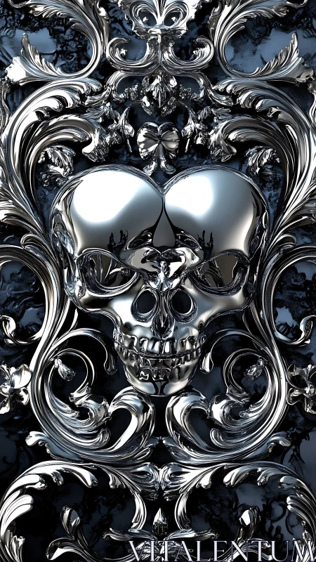 Baroque chrome skull relief in ornamental 3D metallic framework.