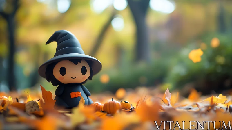 Cute chibi witch figurine sits among autumn leaves and pumpkins