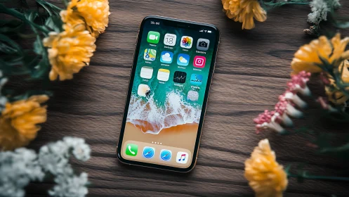 Contemporary Smartphone Display with Botanical Framing on Wooden Surface.