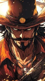 Scarred outlaw gunslinger glares through blazing sunset heat