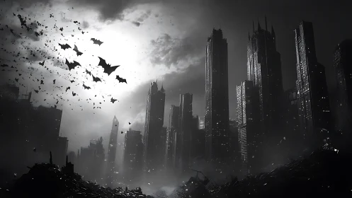 Nocturnal bat swarm over dystopian neo-gothic megacity ruins