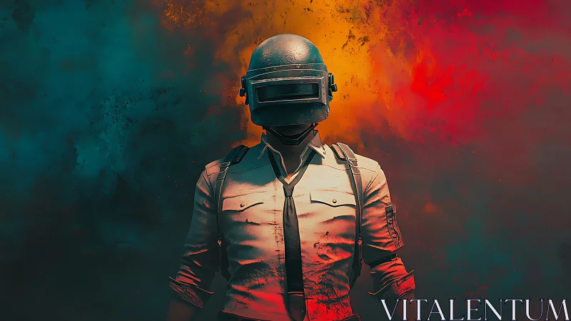 Battle-ready helmeted warrior stands in vibrant smoke