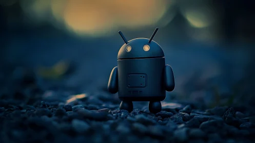 Lonely android figurine glows softly in a moody dusk landscape.