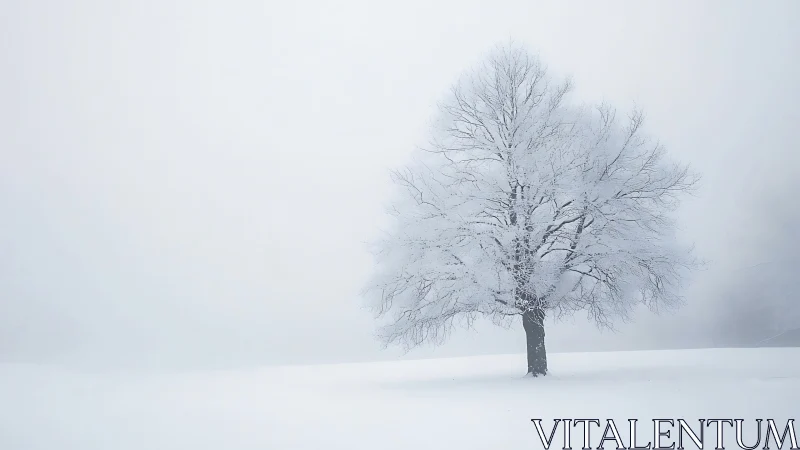 Solitary frost covered tree in white winter fog.