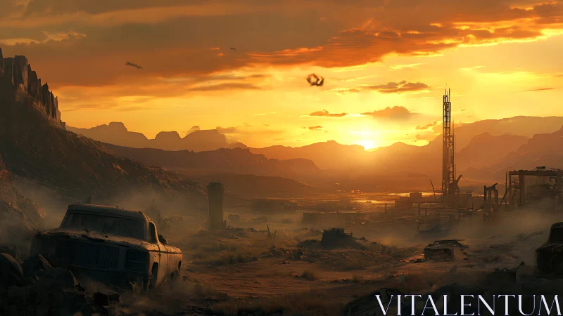 Rust-red sunset over a lonely post-apocalyptic valley.