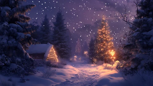 Snowy forest path with lit cabin and glowing trees at night.