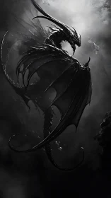 Monochrome winged dragon in high-contrast fantasy rendering.