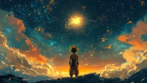 Starlit warrior gazes into a blazing cosmic sunrise sky.