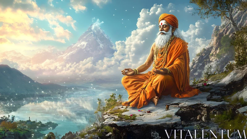 Hermit in orange robes meditating over glacial mountain lake.