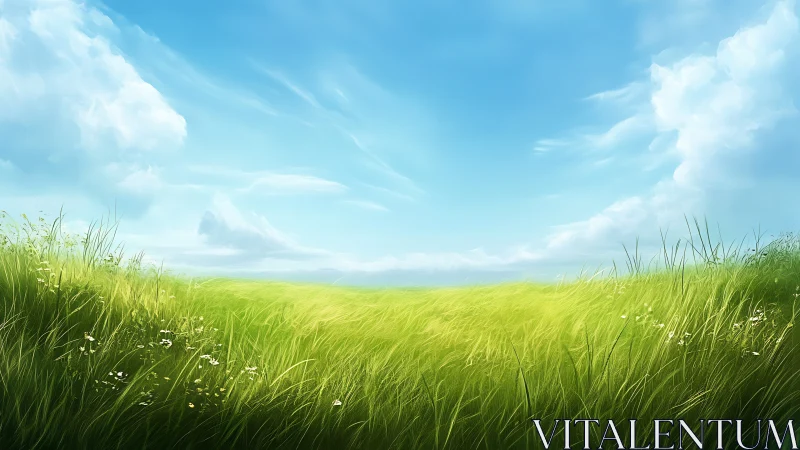 Bright grassy field under blue sky with scattered clouds