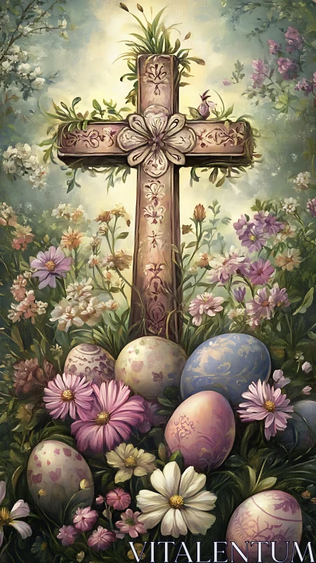 Easter cross with floral carvings amid painted eggs and blooms.
