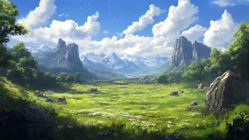 Expansive alpine valley with stratified cliffs and cloud-laden sky