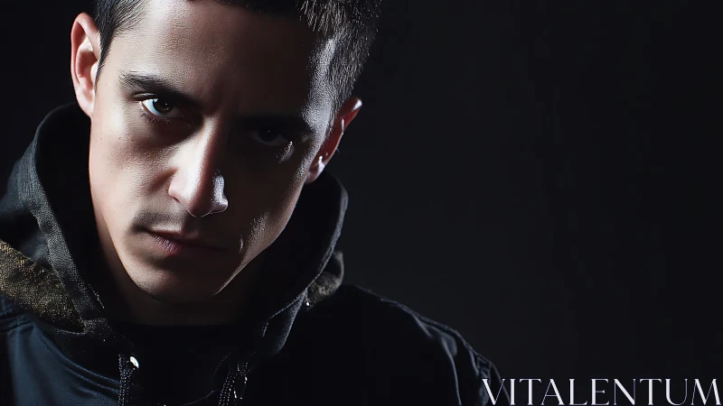 Low-key male portrait with directional rim lighting on hoodie.