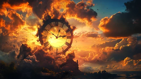 Giant celestial clock burns through a storm of radiant clouds.