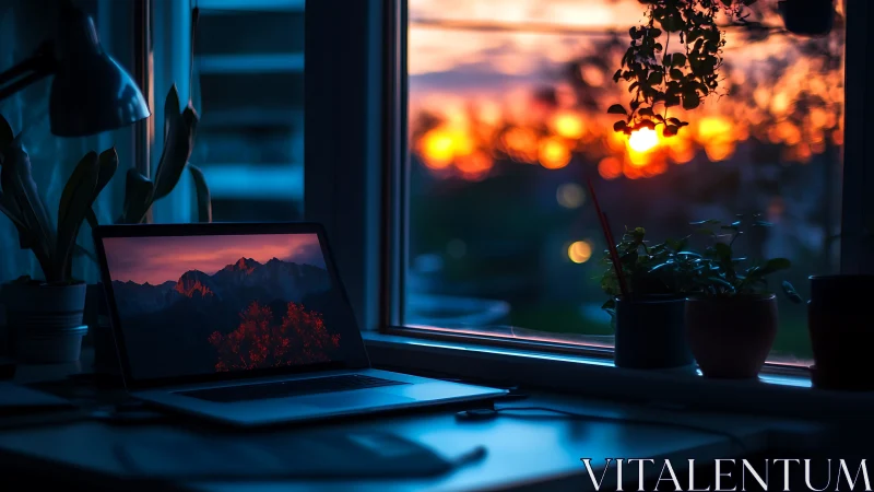Laptop workstation faces window with defocused urban sunset