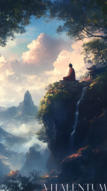 Monk sits above misty valley beside cliffside waterfall at dawn
