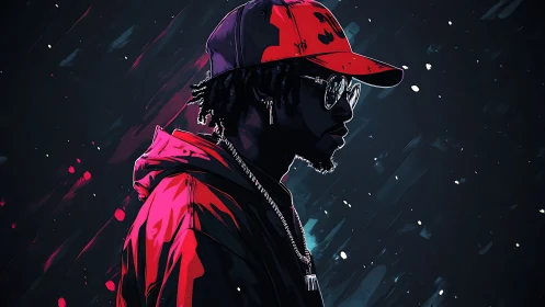Stylized side profile of man in red streetwear jacket.