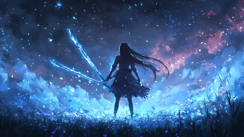 Silhouetted figure with twin blue blades under night sky.